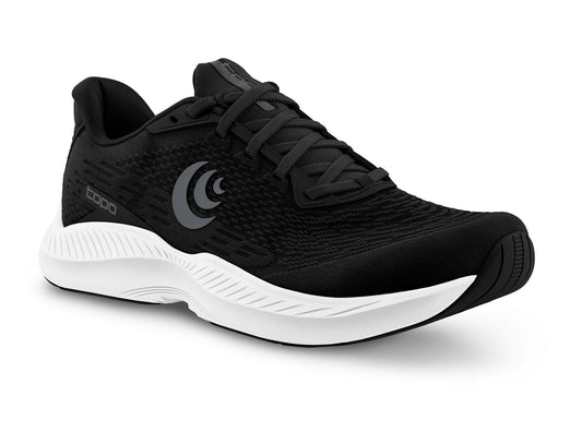 Black athletic shoe with a white sole.