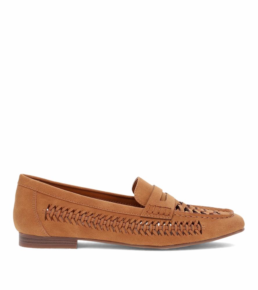 Tan woven leather loafer.