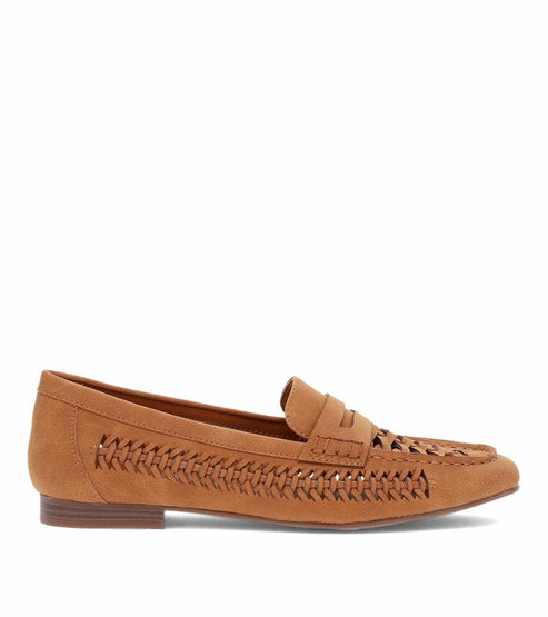 Tan woven leather loafer.