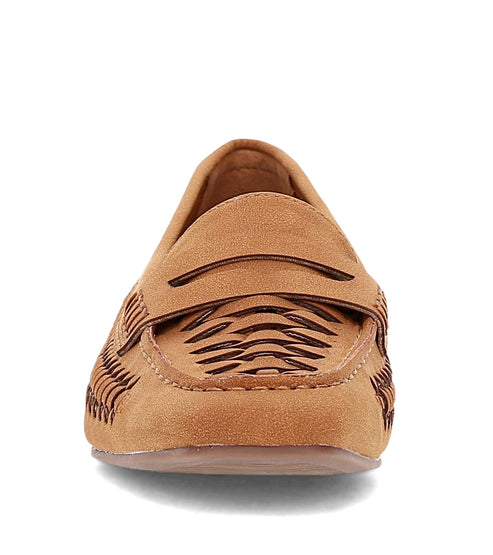 Tan penny loafer with woven details.