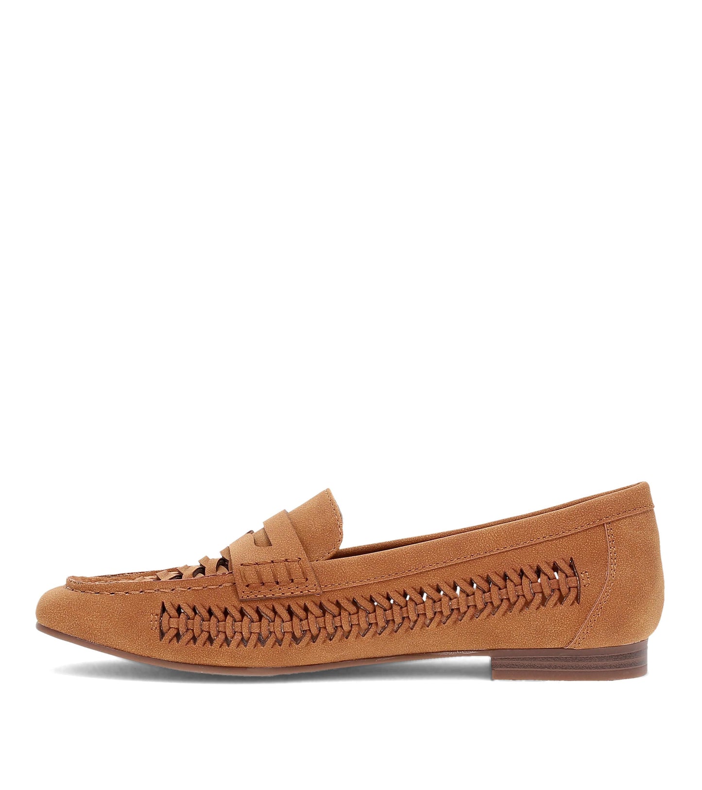 Tan-colored, flat-heeled loafer with woven pattern on the vamp and sides.