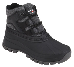 Black winter boot with wool trim, has a thick sole and STON by COON label