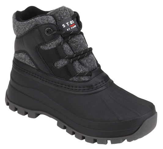Black winter boot with wool trim, has a thick sole and STON by COON label