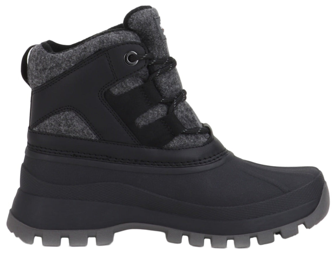 Black and gray mid-height boot with felt panels and a loop pull tab.