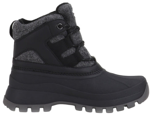 Black and gray mid-height boot with felt panels and a loop pull tab.