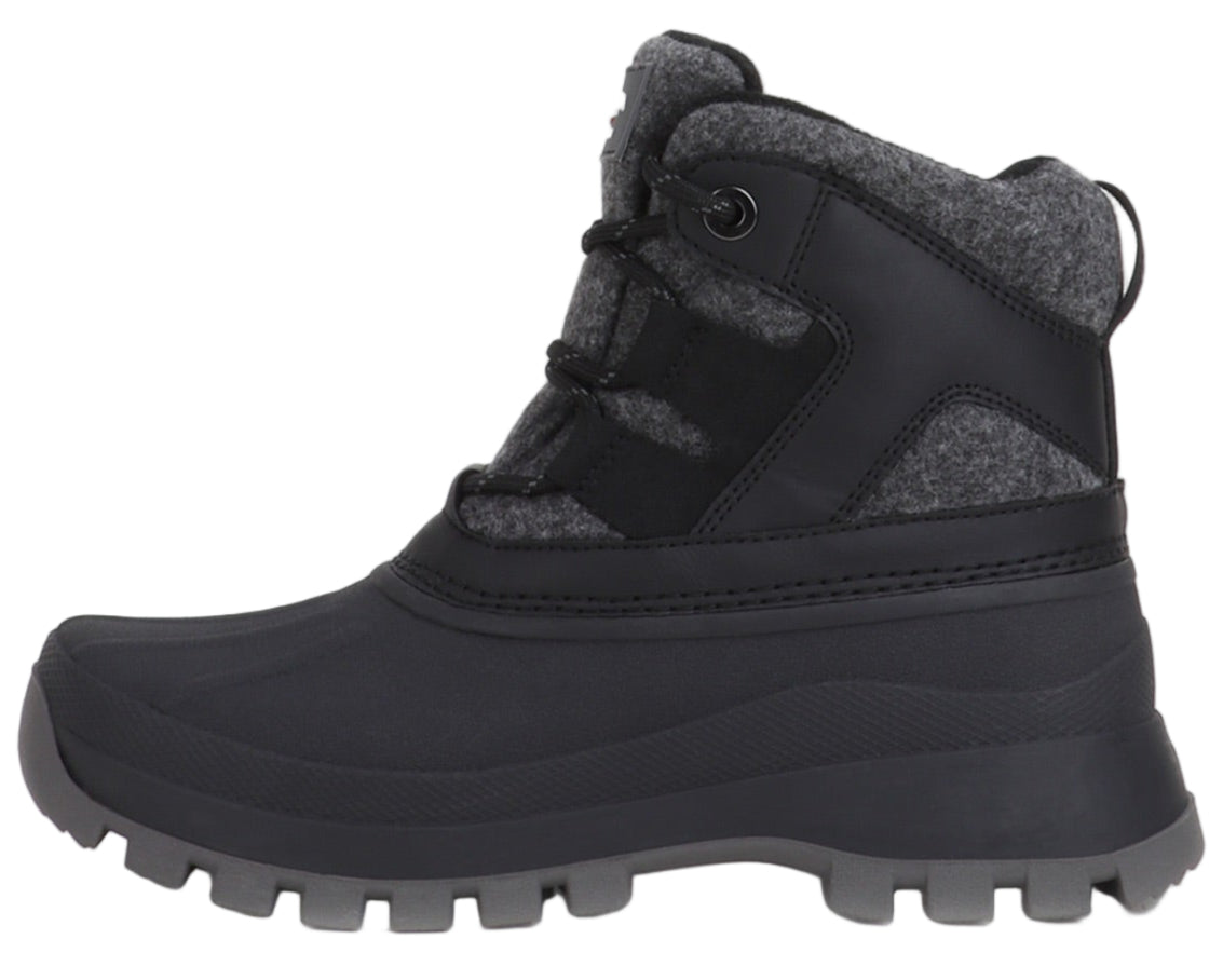 Black and gray hiking boot with lace up closure and lug sole.