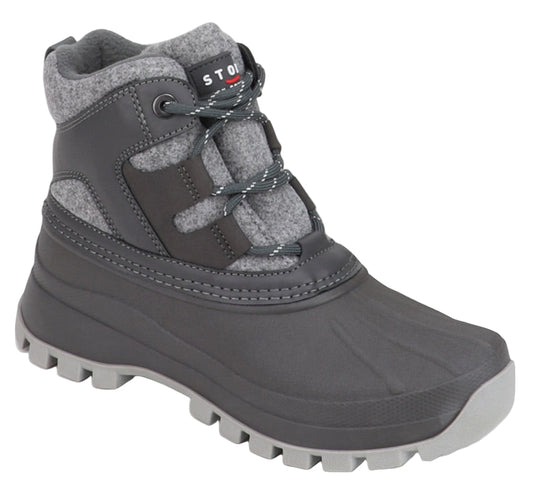 Gray waterproof boot with gray felt and lace-up closure.