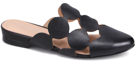Black leather mule with circular cutouts.