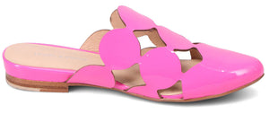 Fuchsia-colored, cut-out leather, open-backed slip-on shoe.