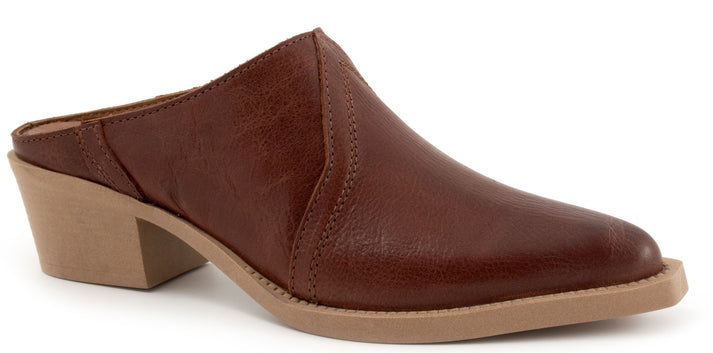 Brown leather heeled clog.