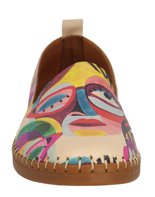 Slip-on shoe with colorful face illustration and tan sole