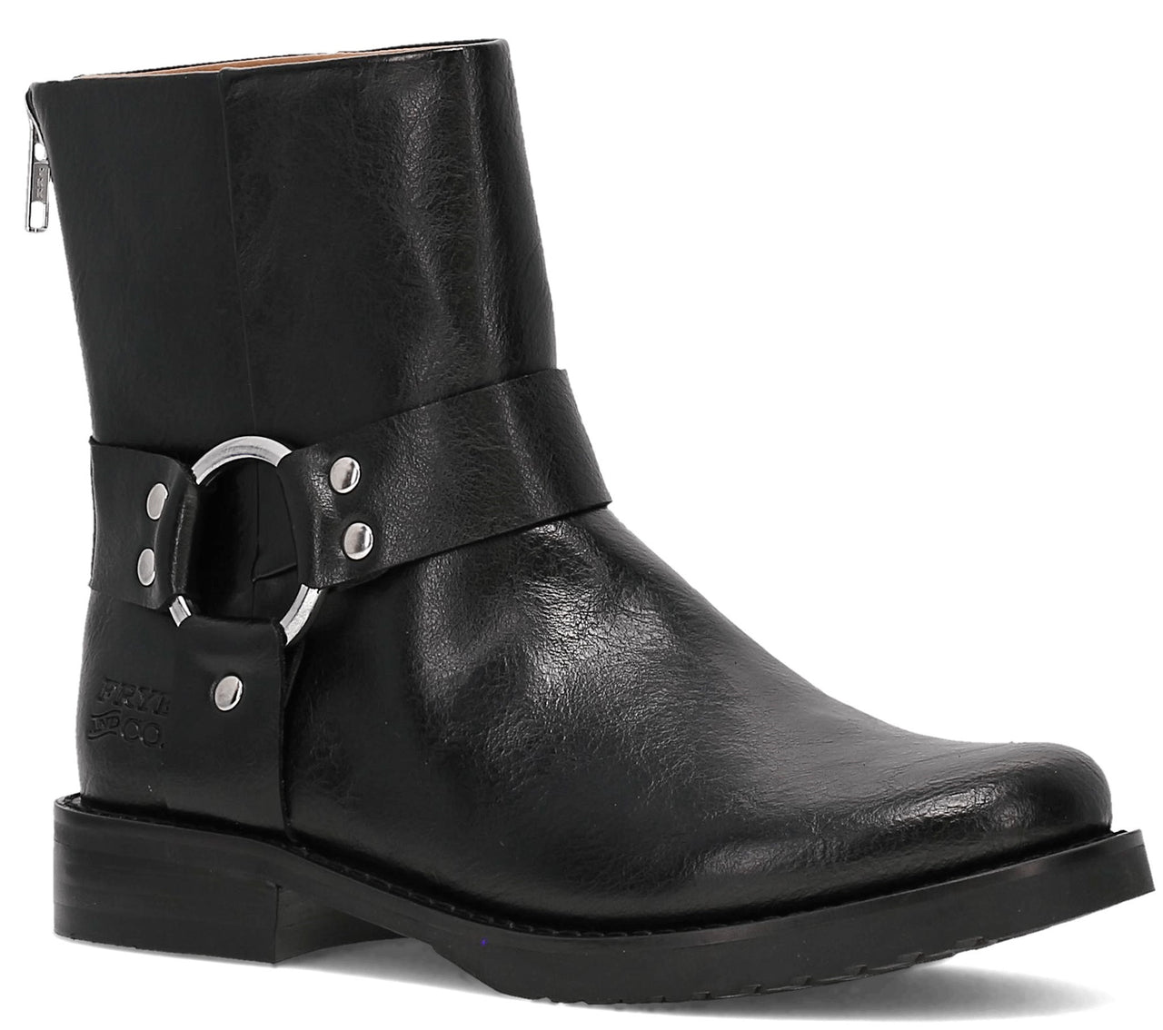 Black ankle boot with silver hardware and strap.