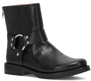 Black ankle boot with silver hardware and strap.