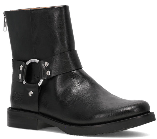 Black ankle boot with silver hardware and strap.