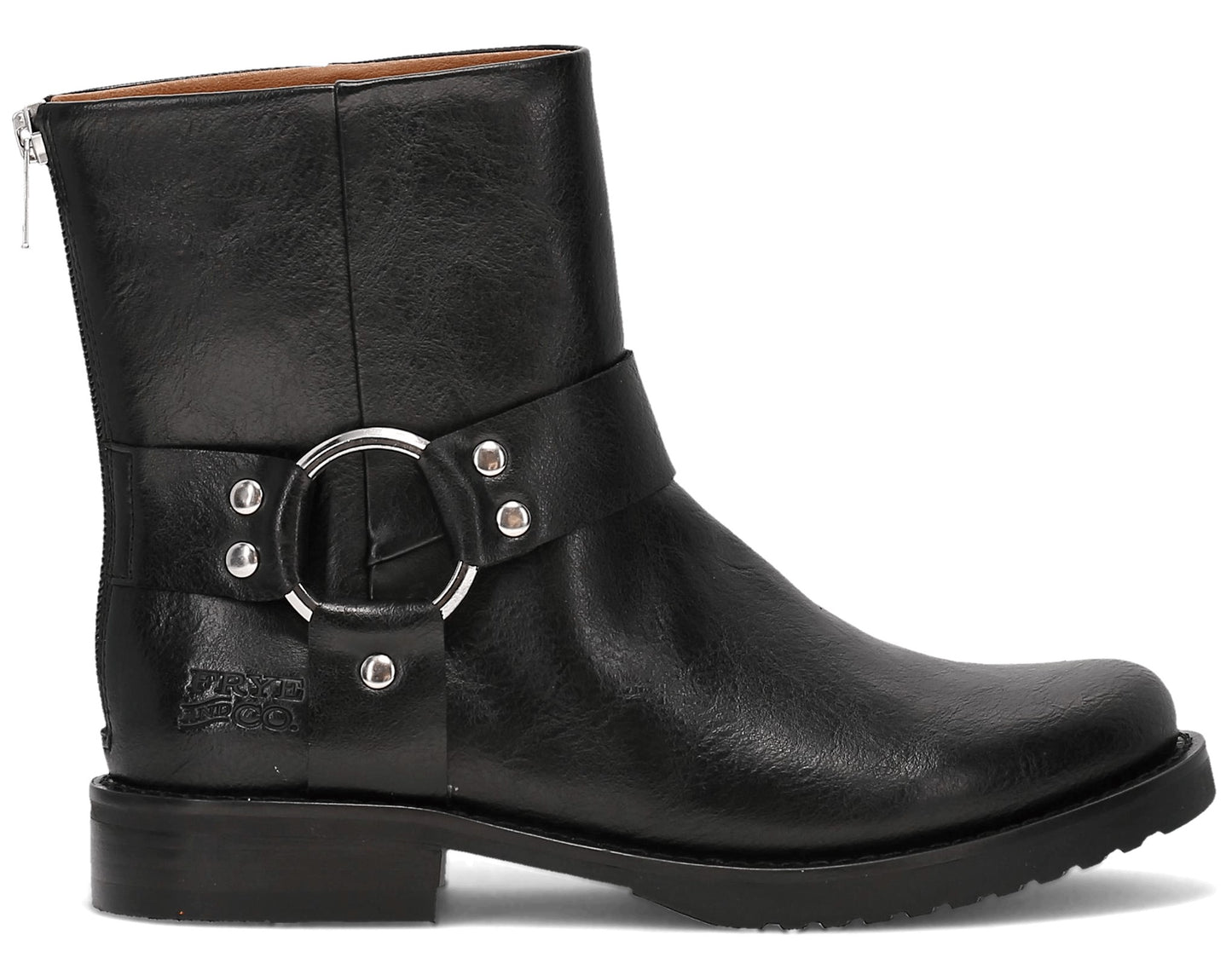 Black mid-calf boot with a wraparound strap, a metal ring, and a back zipper.