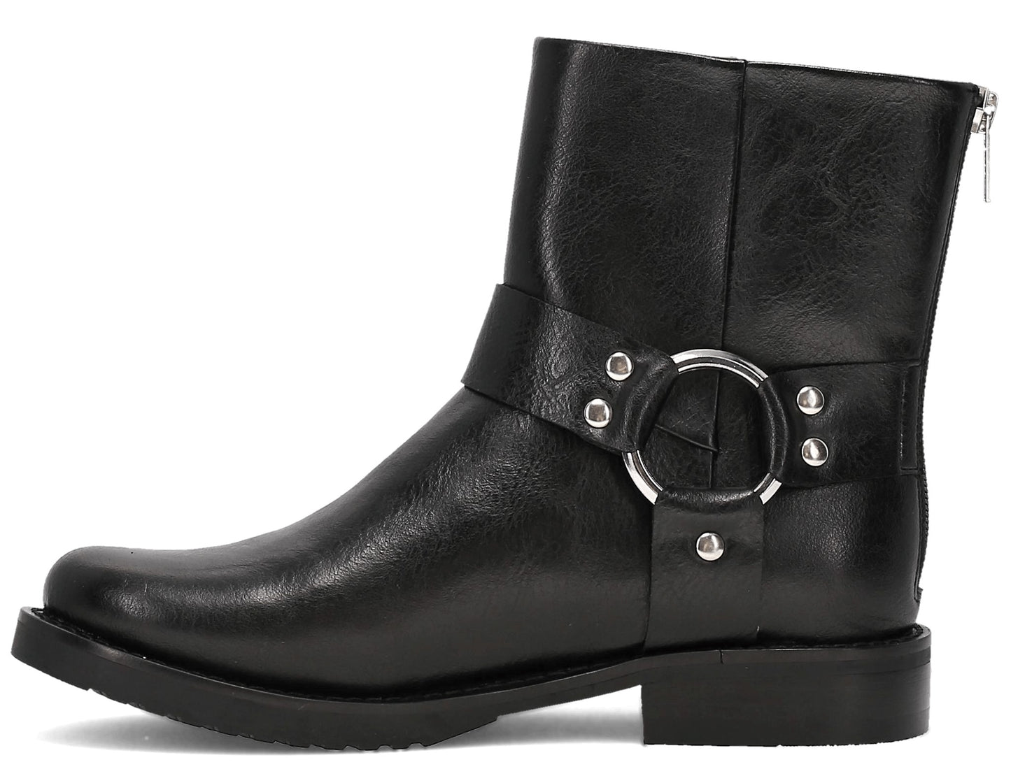 Black ankle boot with harness strap and silver ring detail, featuring a rear zipper closure.