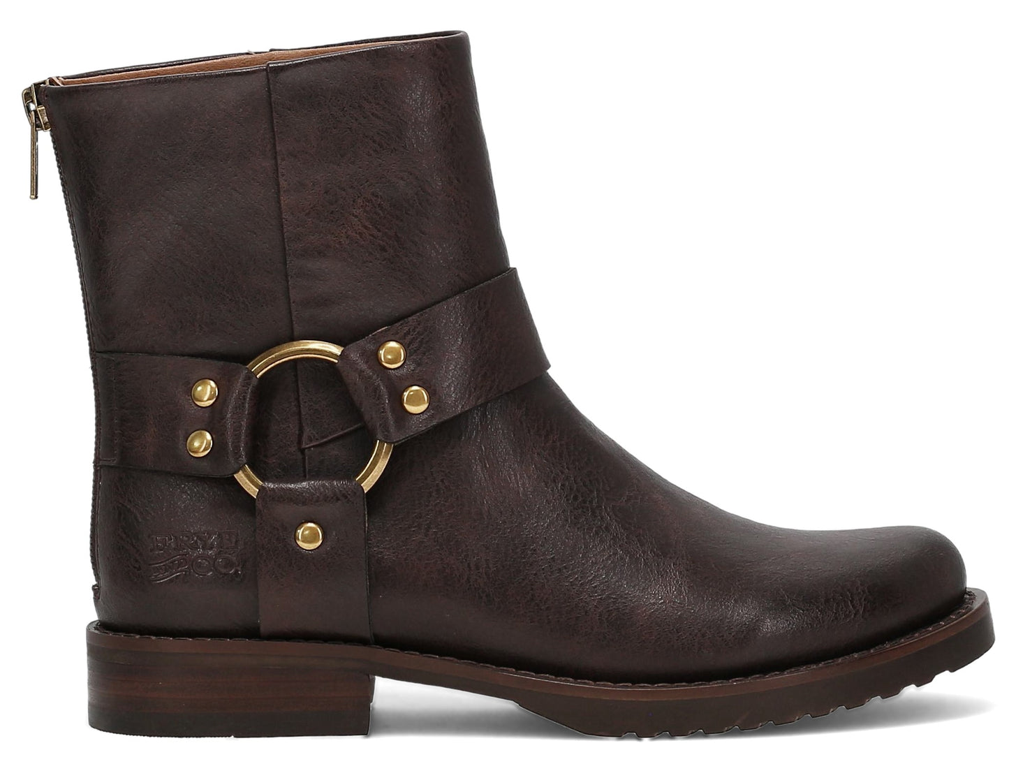 Dark brown ankle boot with gold ring accent and zipper