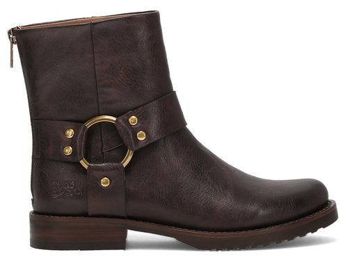 Dark brown ankle boot with gold ring accent and zipper