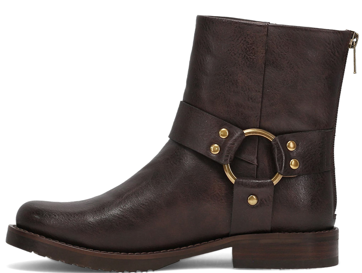 Brown ankle boot with a back zipper and decorative buckled strap with gold ring and gold studs.