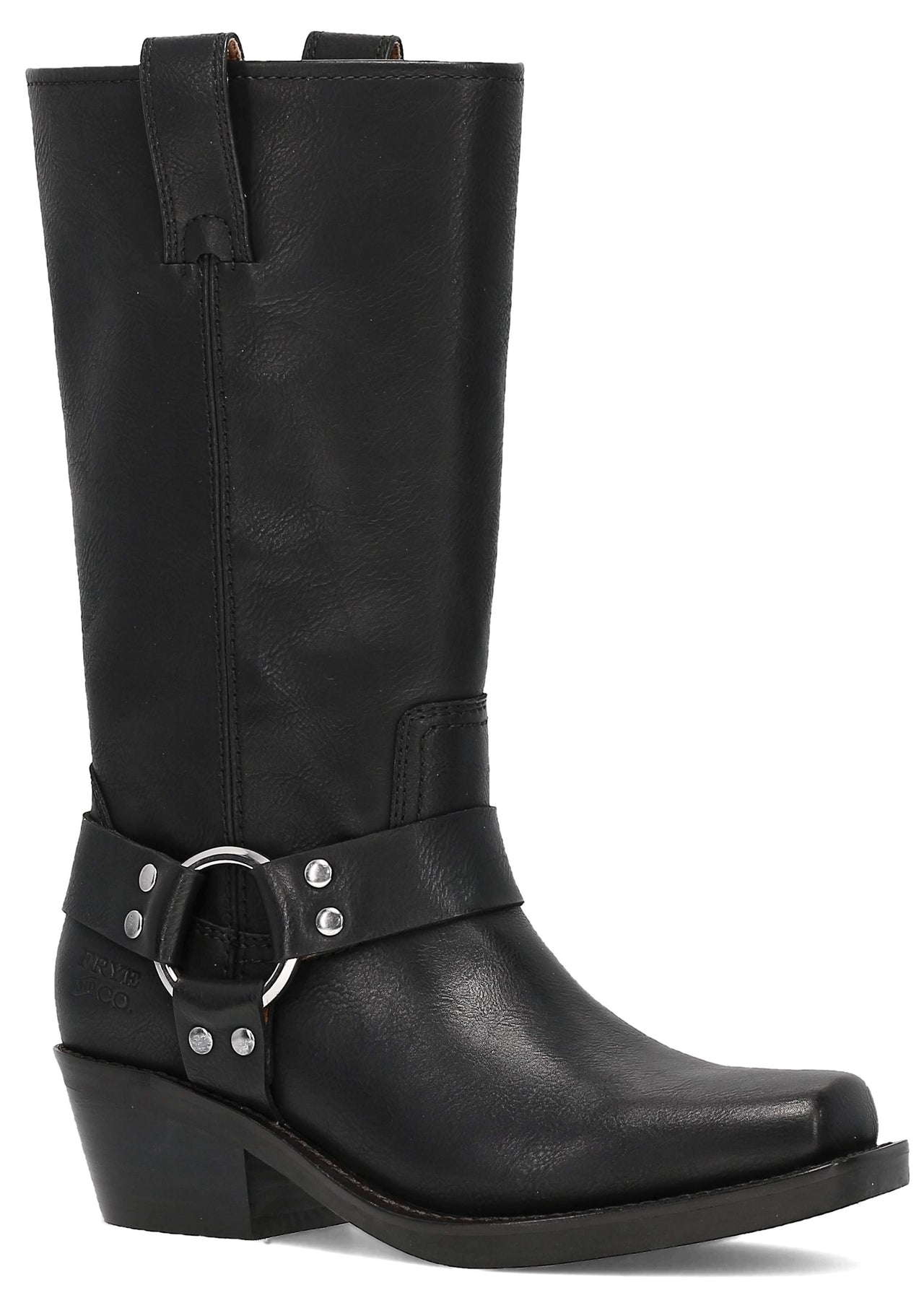 Black leather knee-high harness boot with a square toe and low heel.