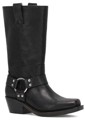 Black leather knee-high harness boot with a square toe and low heel.