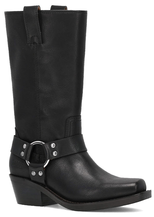 Black leather knee-high harness boot with a square toe and low heel.