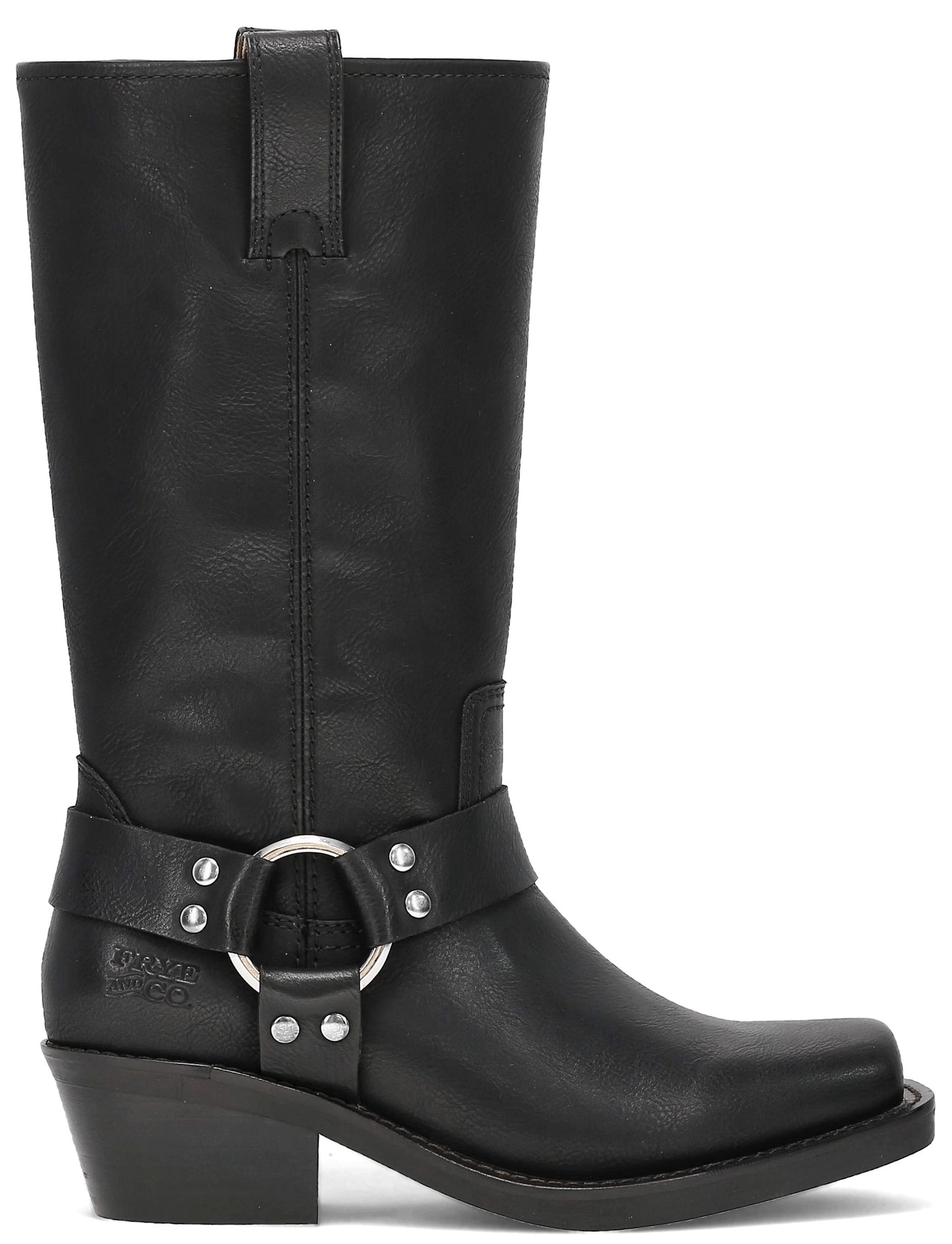 Black leather harness boot with a chunky heel and silver hardware.