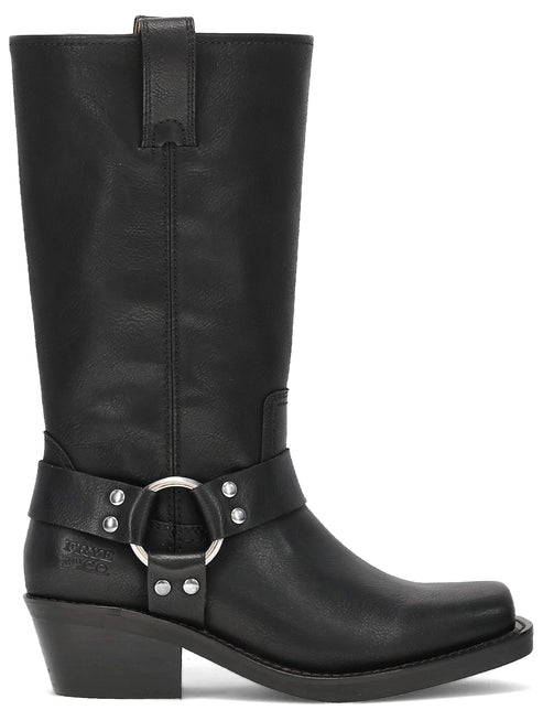 Black leather harness boot with a chunky heel and silver hardware.