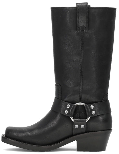 Black leather motorcycle boot with harness.