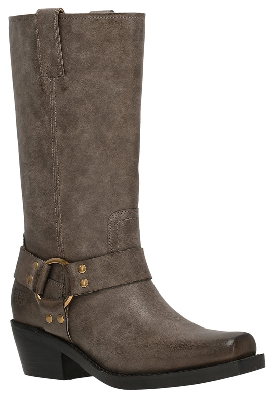 Knee-high gray boot with buckle and ring detail.