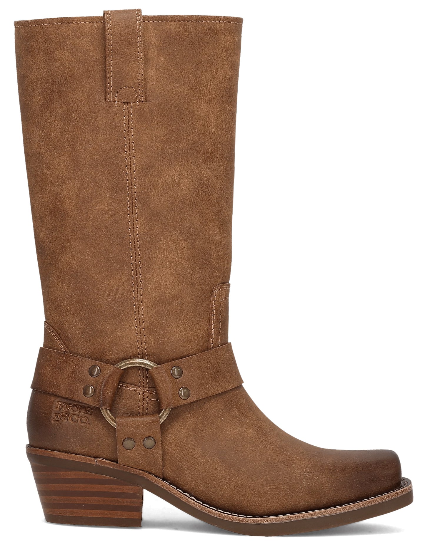 Brown mid-calf boot with a block heel and a decorative ring detail on the ankle strap.