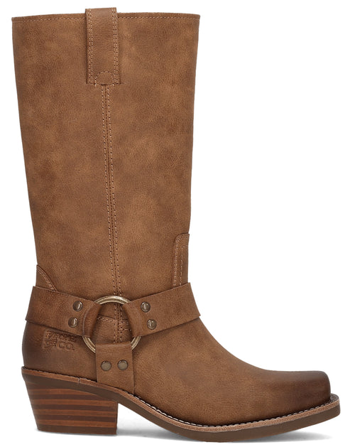Brown mid-calf boot with a block heel and a decorative ring detail on the ankle strap.