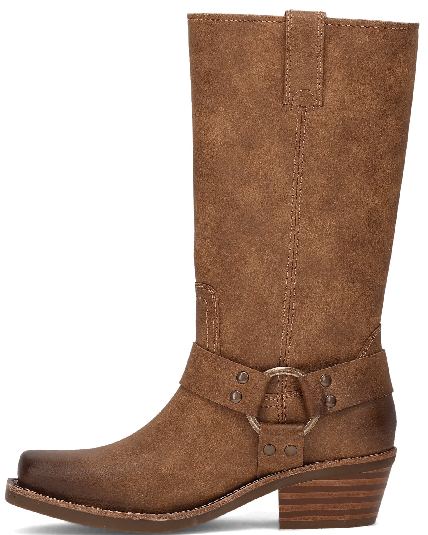 Brown knee-high riding boot with square toe, stacked heel, and ankle strap.