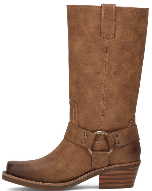 Brown knee-high riding boot with square toe, stacked heel, and ankle strap.