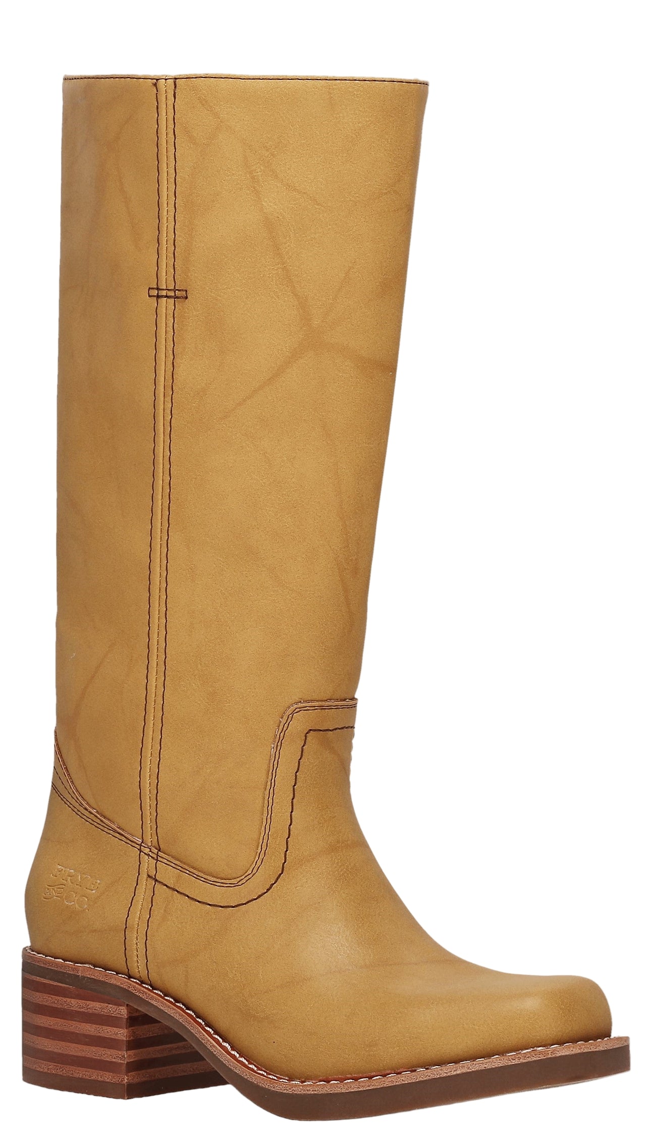 Knee-high brown leather boot with a square heel.