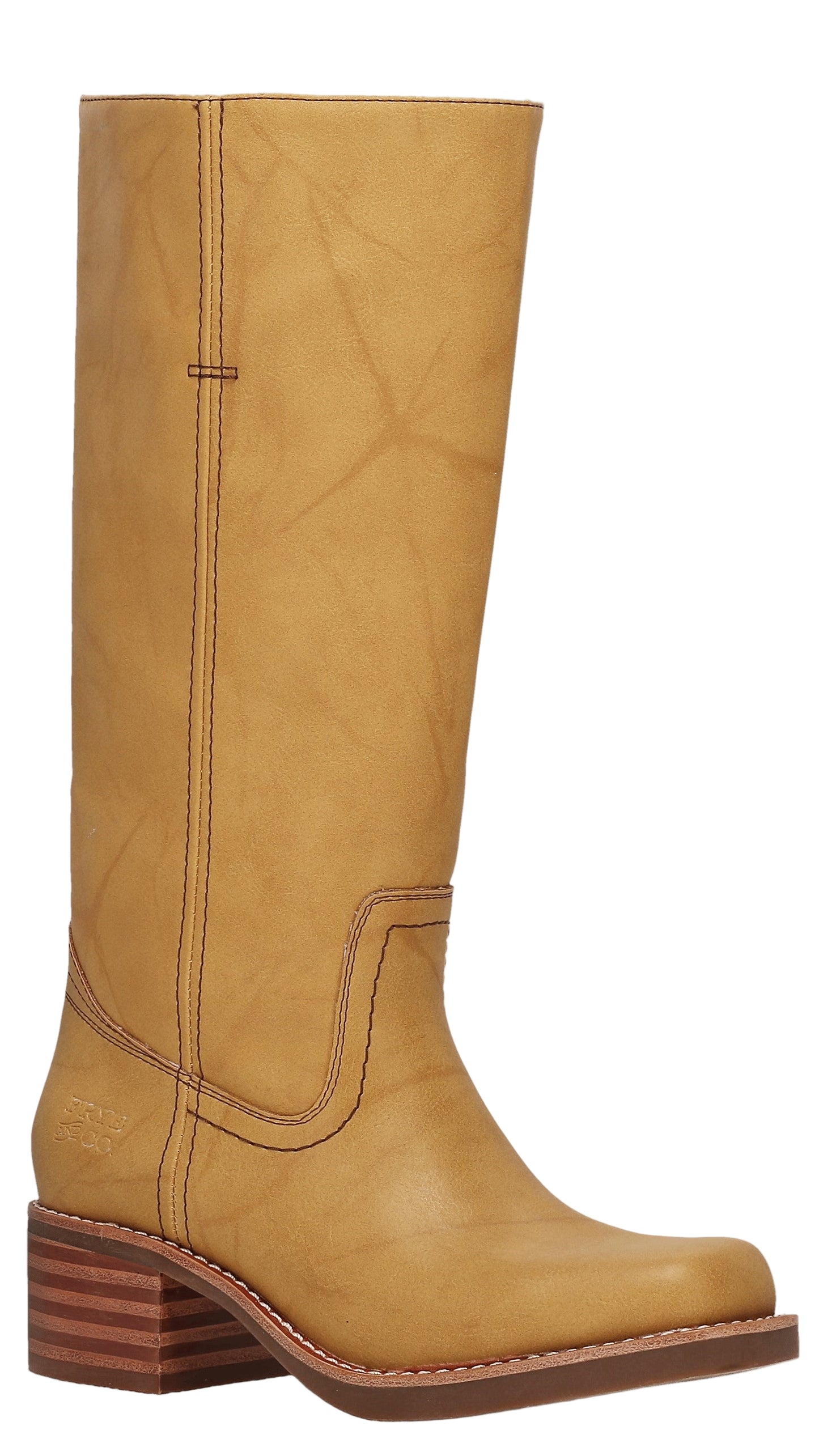 Knee-high brown leather boot with a square heel.