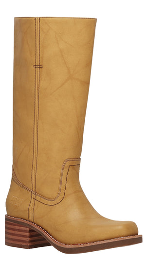 Knee-high brown leather boot with a square heel.