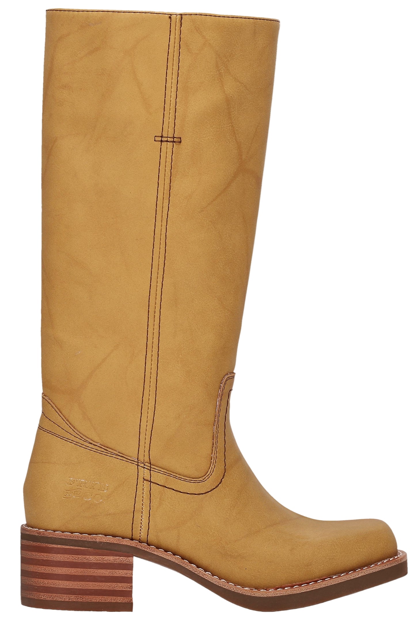 Knee-high tan leather boot with block heel and stitch detailing.