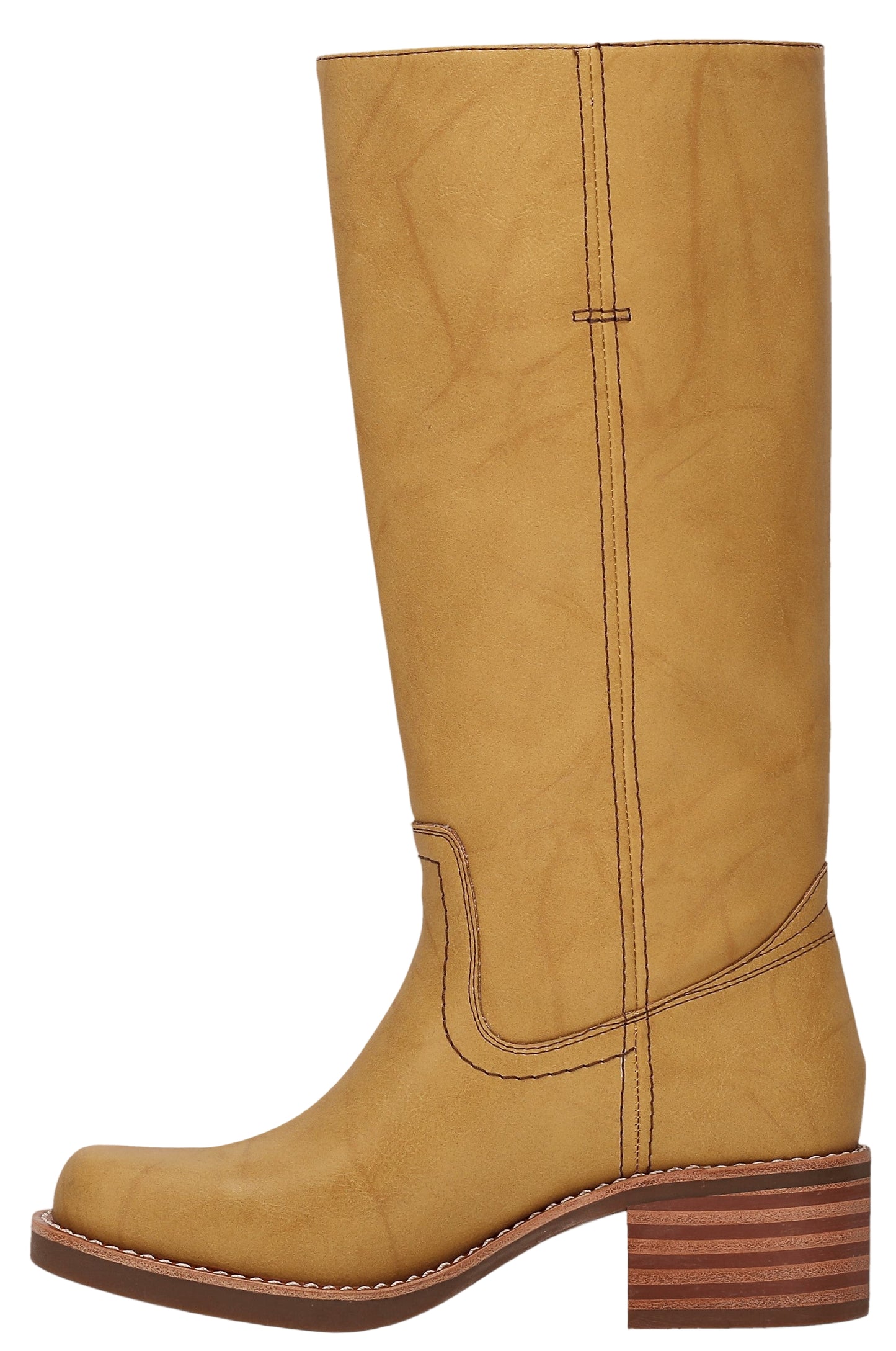 Knee-high yellow leather boot with low block heel and brown stitching.