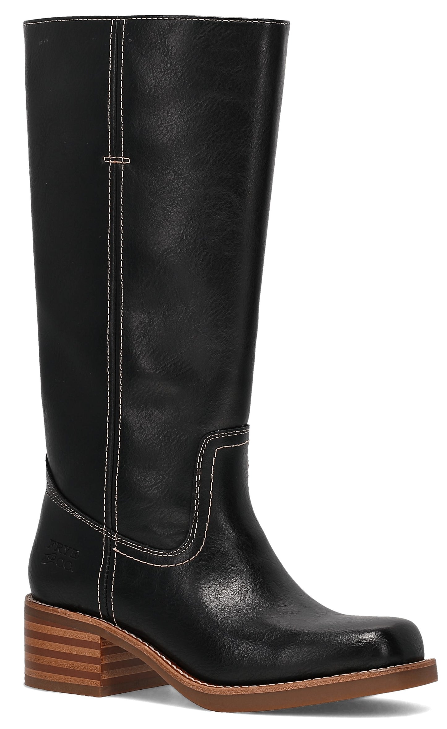 A black, knee-high leather boot with a square toe, prominent white contrast stitching, and a stacked, layered wooden block heel.