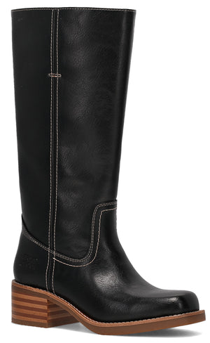 A black, knee-high leather boot with a square toe, prominent white contrast stitching, and a stacked, layered wooden block heel.