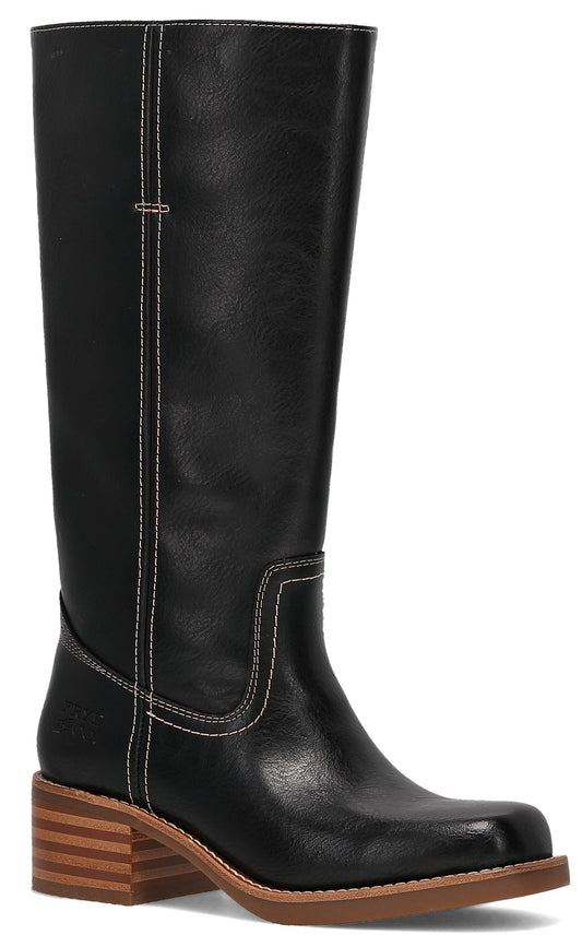 A black, knee-high leather boot with a square toe, prominent white contrast stitching, and a stacked, layered wooden block heel.