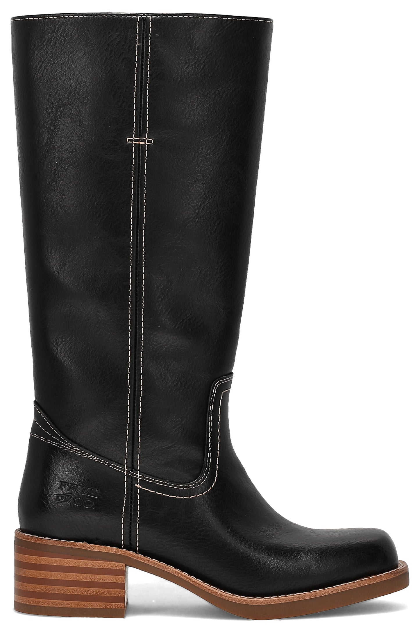 A black knee-high leather boot with white contrast stitching, a square toe, and a stacked wooden block heel.