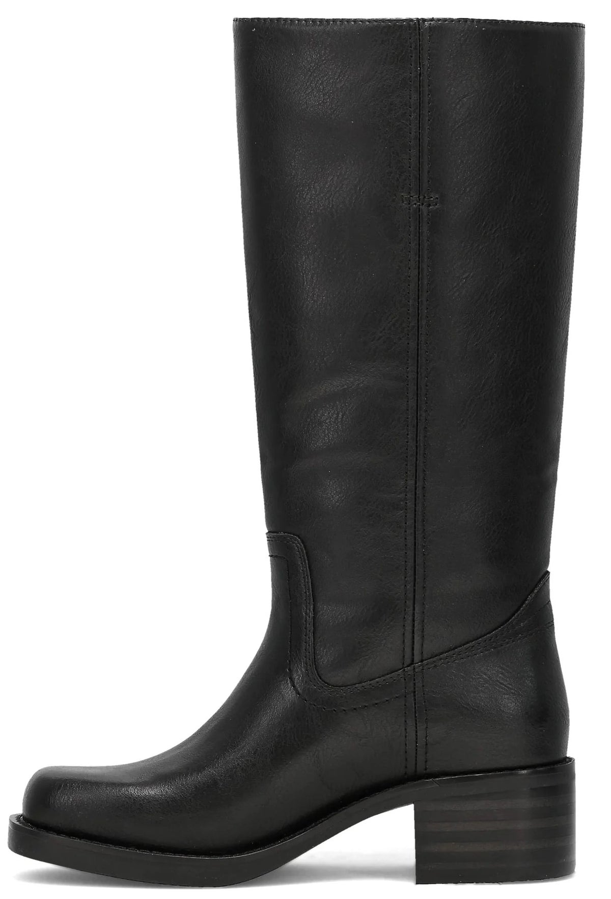 A black leather knee-high boot with a square toe, a stacked block heel, and vertical stitching details along the side.