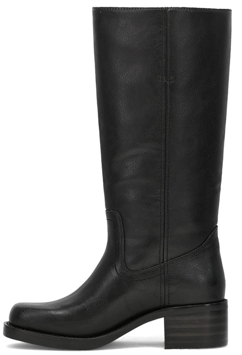 A black leather knee-high boot with a square toe, a stacked block heel, and vertical stitching details along the side.