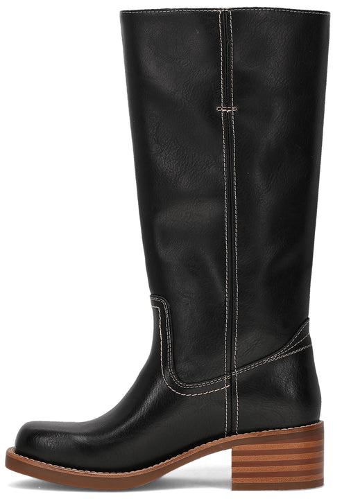 A black leather knee-high boot featuring a square toe, white contrast stitching, and a low, stacked wood-effect block heel.