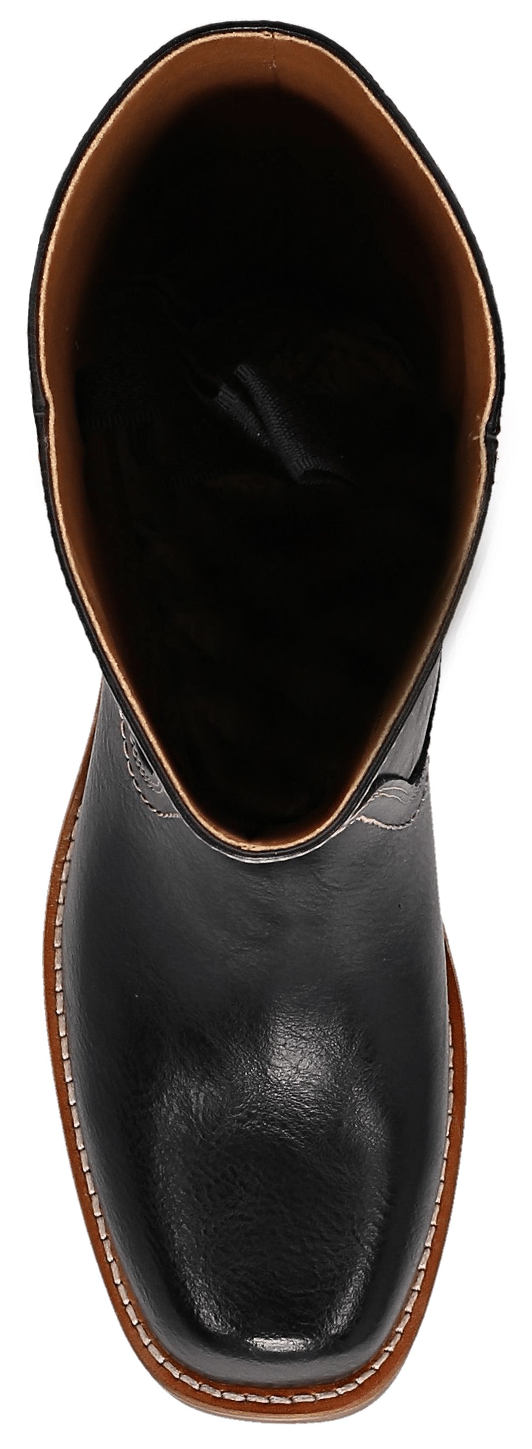 A top-down view of a black leather western boot with a square toe, featuring a brown interior lining and a thick light-brown welt with white stitching.