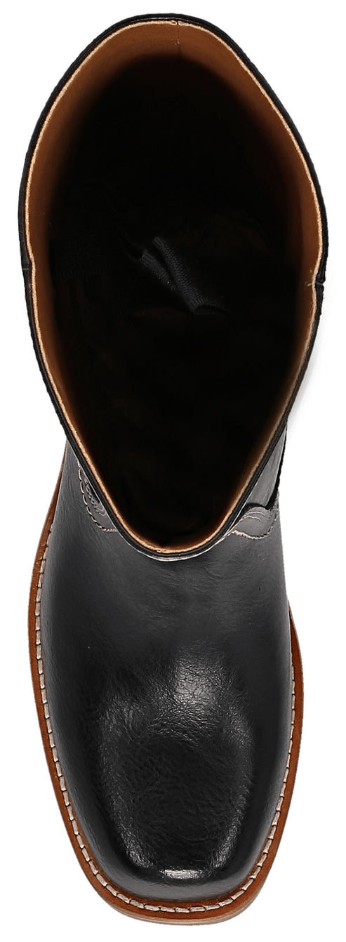 A top-down view of a black leather western boot with a square toe, featuring a brown interior lining and a thick light-brown welt with white stitching.