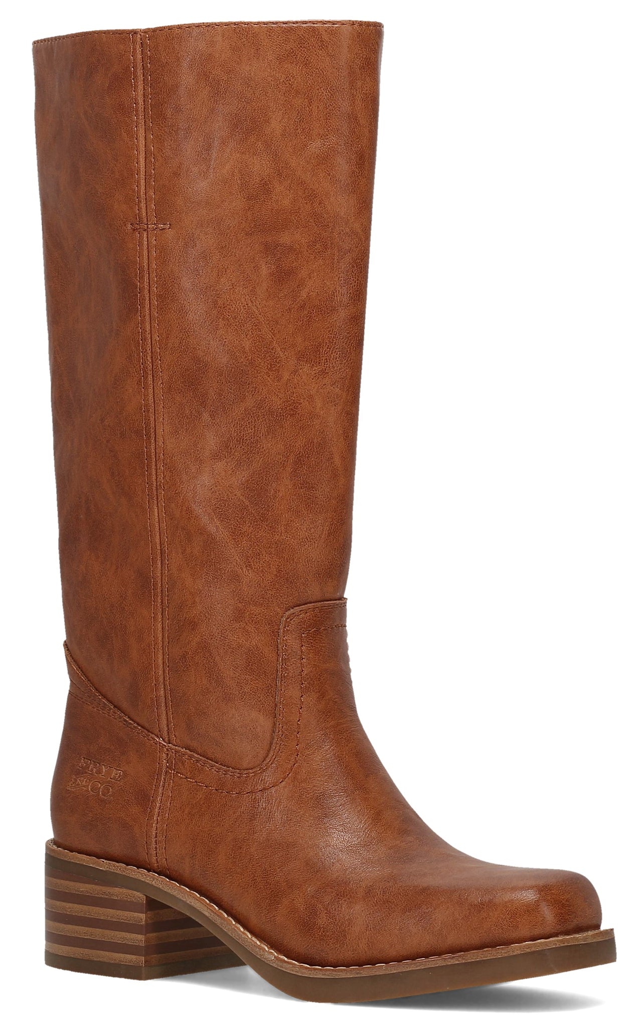 A tan faux leather knee-high boot with a squared-off toe, a low stacked block heel, and vertical stitching accents along the shaft.