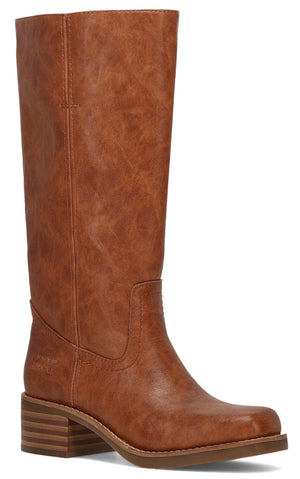 A tan faux leather knee-high boot with a squared-off toe, a low stacked block heel, and vertical stitching accents along the shaft.